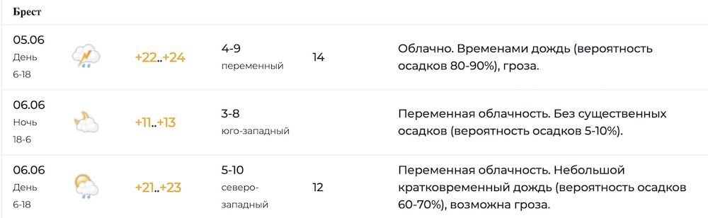 Скриншот с сайта pogoda.by. Погода в Бресте на 5-6 июня 2024 года.