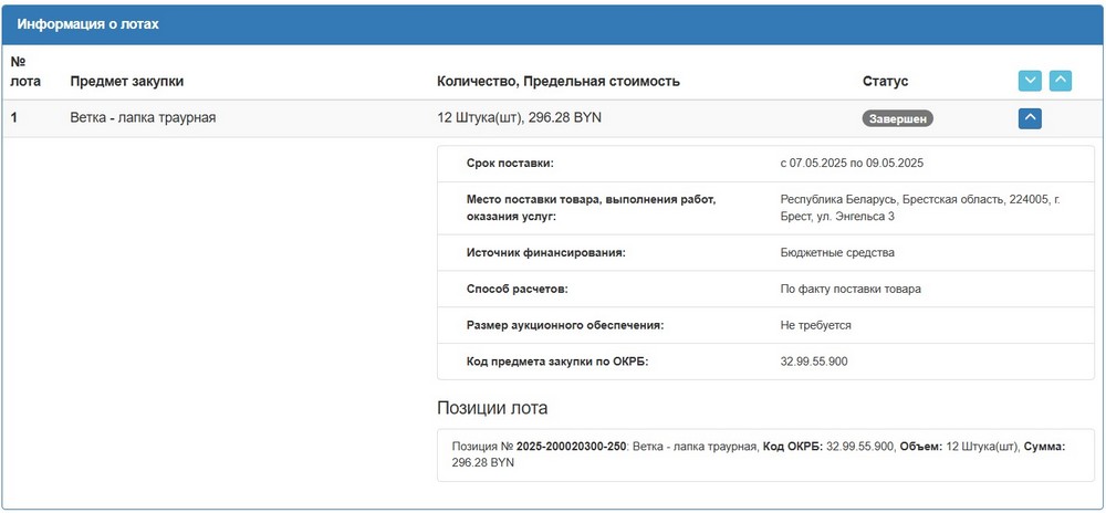 Тендер Брестского горисполкома на траурные ветки. Скриншот сайта госзакупок