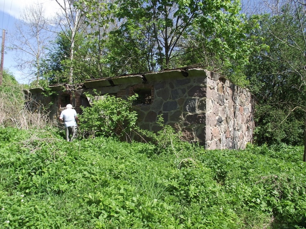 Остатки одной из хозяйственных построек усадьбы, сложенной из бутового камня. 