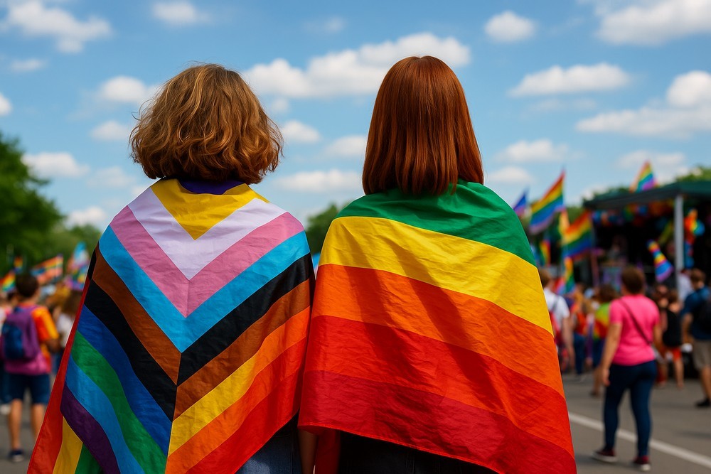 Две девушки под ЛГБТ-флагами стоят рядом.