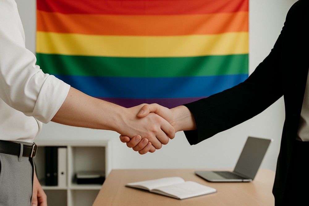 Двое людей в деловой одежде жмут руки на фоне радужного флага ЛГБТК+. На столе ноутбук и блокнот — символ офисной обстановки. Изображение символизирует уважение, инклюзивность и поддержку на рабочем месте.