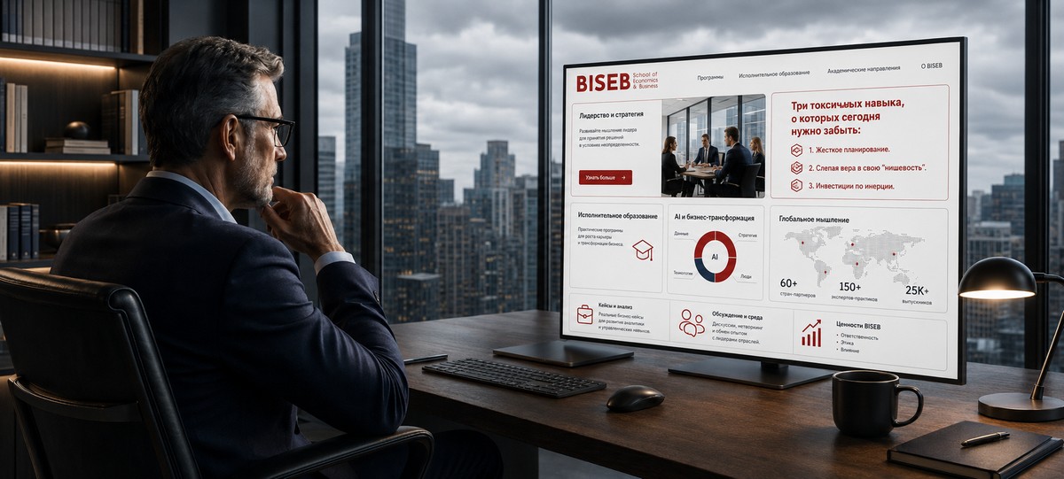Мужчина в деловом костюме смотрит на монитор с интерфейсом BISEB School of Economics & Business, где показаны блоки о лидерстве, AI, бизнес-трансформации и стратегических ошибках.